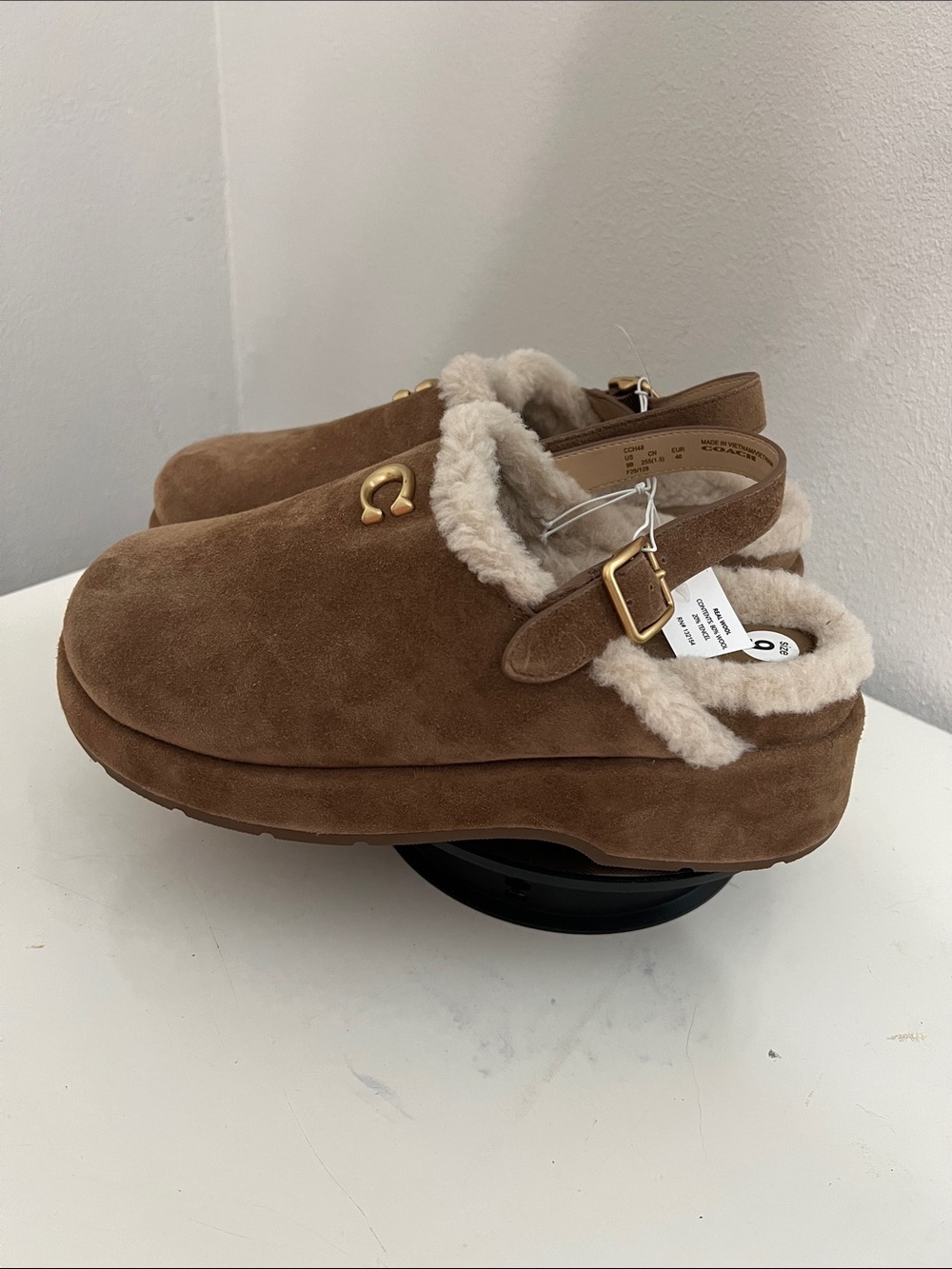 Coach Chestnut Suede Shearling-Trim Clog Mules - Picture 3 of 14